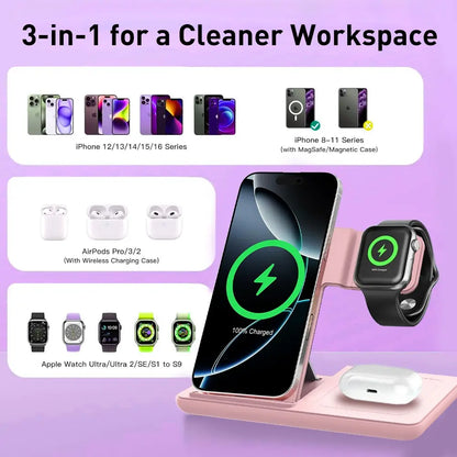 Foldable Design Wireless Charging Station Charger for Smartphone Iphone 11-17 & Iwatch/Airpods, Multi-Functional Three-In-One Fast Charge, 15W Simultaneous Charging