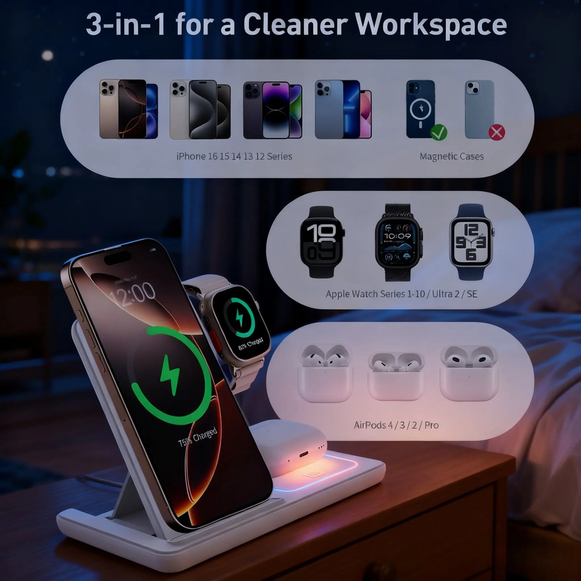 Foldable Design Wireless Charging Station Charger for Smartphone Iphone 11-17 & Iwatch/Airpods, Multi-Functional Three-In-One Fast Charge, 15W Simultaneous Charging