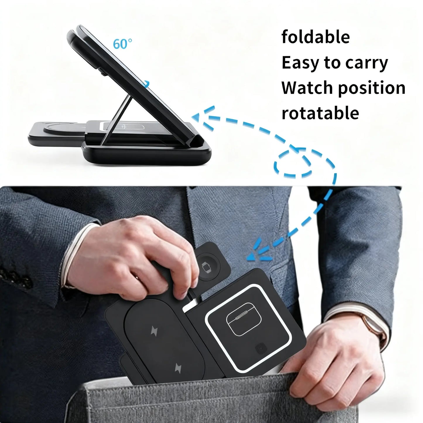 Foldable Design Wireless Charging Station Charger for Smartphone Iphone 11-17 & Iwatch/Airpods, Multi-Functional Three-In-One Fast Charge, 15W Simultaneous Charging