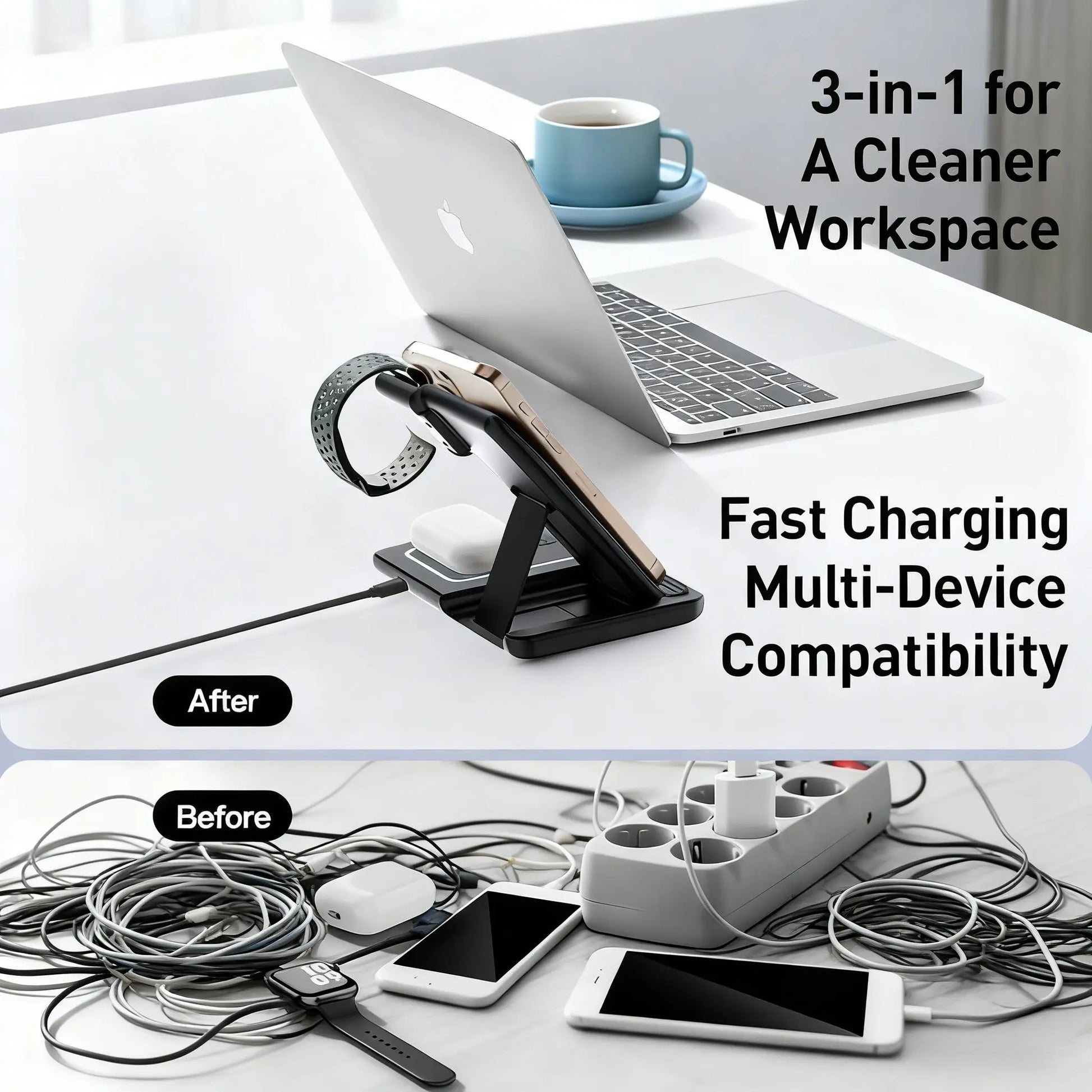 Foldable Design Wireless Charging Station Charger for Smartphone Iphone 11-17 & Iwatch/Airpods, Multi-Functional Three-In-One Fast Charge, 15W Simultaneous Charging