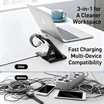 Foldable Design Wireless Charging Station Charger for Smartphone Iphone 11-17 & Iwatch/Airpods, Multi-Functional Three-In-One Fast Charge, 15W Simultaneous Charging