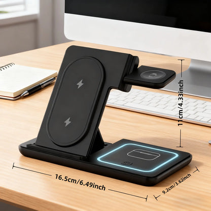 Foldable Design Wireless Charging Station Charger for Smartphone Iphone 11-17 & Iwatch/Airpods, Multi-Functional Three-In-One Fast Charge, 15W Simultaneous Charging