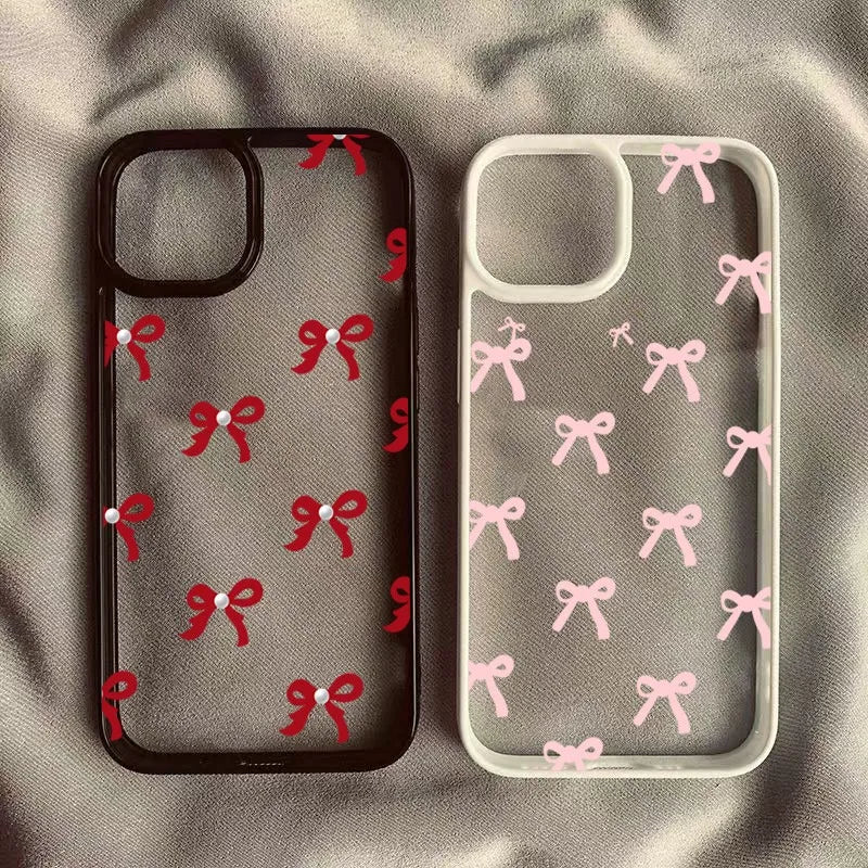 Fashionable Red Pink Bow Clear Phone Case For iPhone 15 16 17 Pro Max Plus 16E 14 13 12 11 Pro Max MINI 17 Air Anti-fall Cover