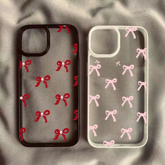 Fashionable Red Pink Bow Clear Phone Case For iPhone 15 16 17 Pro Max Plus 16E 14 13 12 11 Pro Max MINI 17 Air Anti-fall Cover