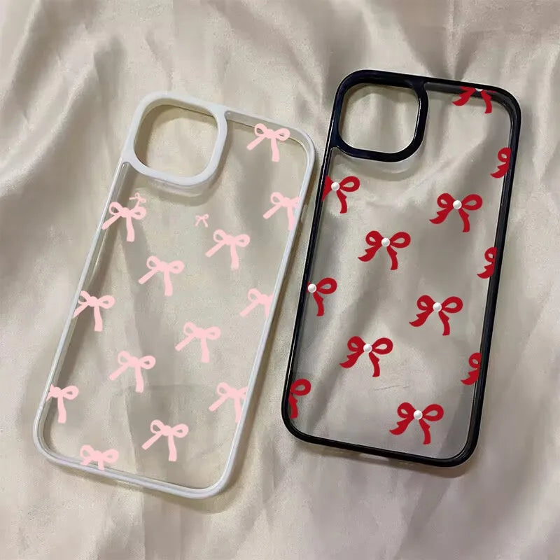 Fashionable Red Pink Bow Clear Phone Case For iPhone 15 16 17 Pro Max Plus 16E 14 13 12 11 Pro Max MINI 17 Air Anti-fall Cover
