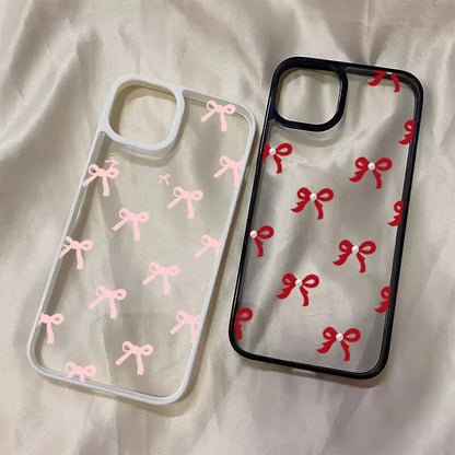 Fashionable Red Pink Bow Clear Phone Case For iPhone 15 16 17 Pro Max Plus 16E 14 13 12 11 Pro Max MINI 17 Air Anti-fall Cover