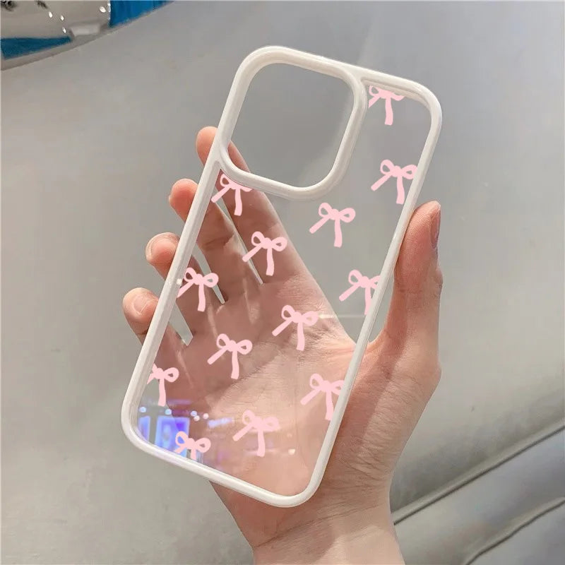 Fashionable Red Pink Bow Clear Phone Case For iPhone 15 16 17 Pro Max Plus 16E 14 13 12 11 Pro Max MINI 17 Air Anti-fall Cover