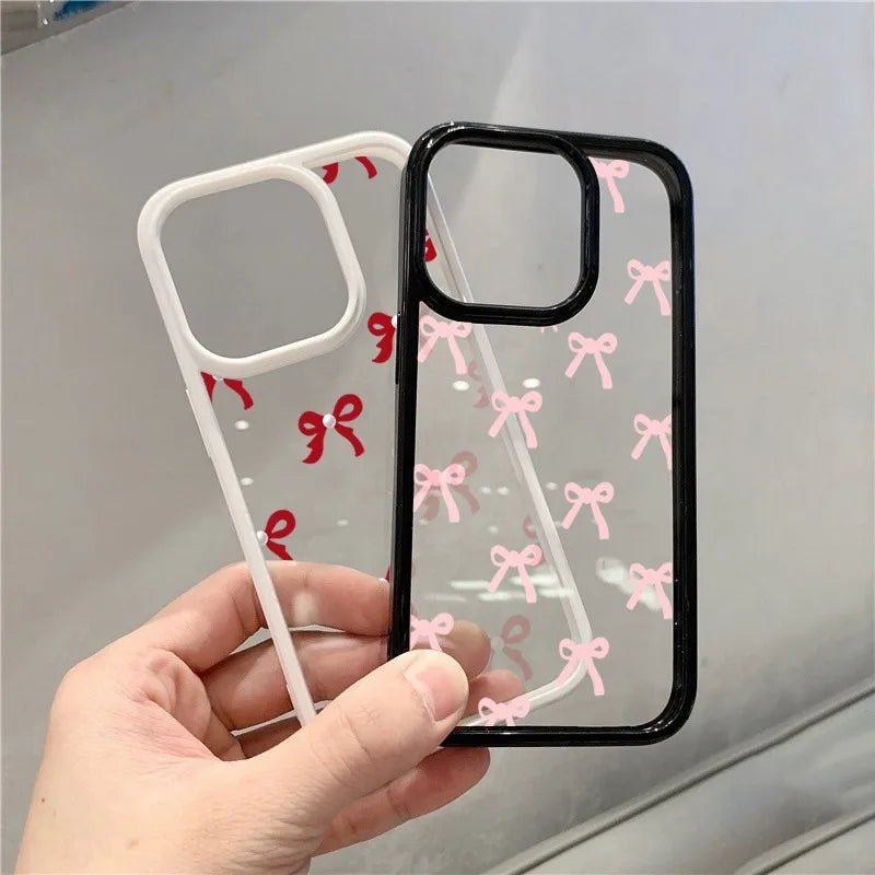 Fashionable Red Pink Bow Clear Phone Case For iPhone 15 16 17 Pro Max Plus 16E 14 13 12 11 Pro Max MINI 17 Air Anti-fall Cover