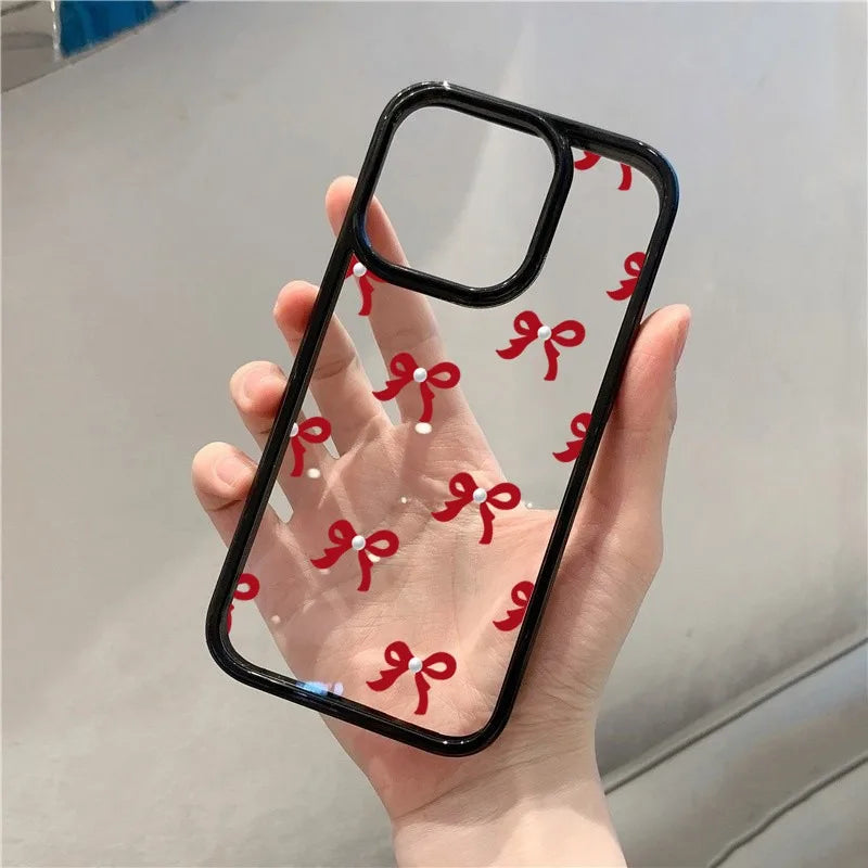Fashionable Red Pink Bow Clear Phone Case For iPhone 15 16 17 Pro Max Plus 16E 14 13 12 11 Pro Max MINI 17 Air Anti-fall Cover