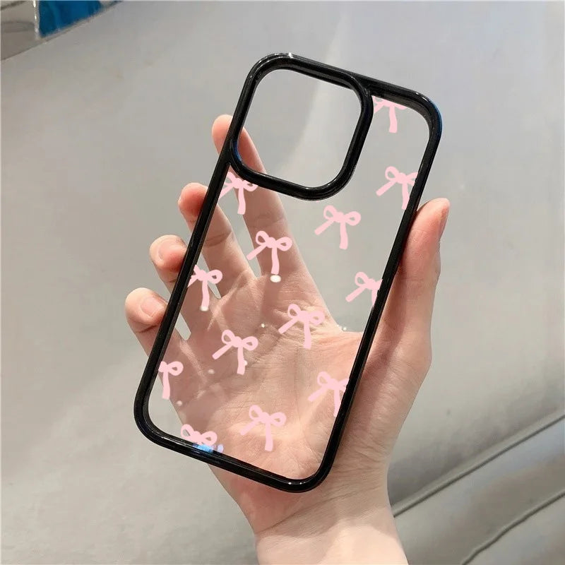 Fashionable Red Pink Bow Clear Phone Case For iPhone 15 16 17 Pro Max Plus 16E 14 13 12 11 Pro Max MINI 17 Air Anti-fall Cover