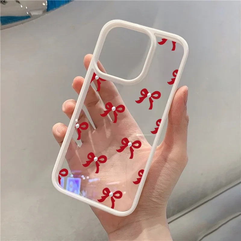 Fashionable Red Pink Bow Clear Phone Case For iPhone 15 16 17 Pro Max Plus 16E 14 13 12 11 Pro Max MINI 17 Air Anti-fall Cover