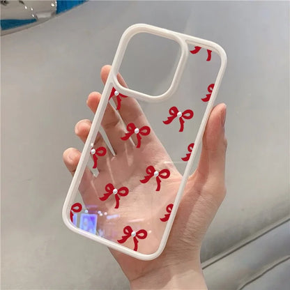 Fashionable Red Pink Bow Clear Phone Case For iPhone 15 16 17 Pro Max Plus 16E 14 13 12 11 Pro Max MINI 17 Air Anti-fall Cover