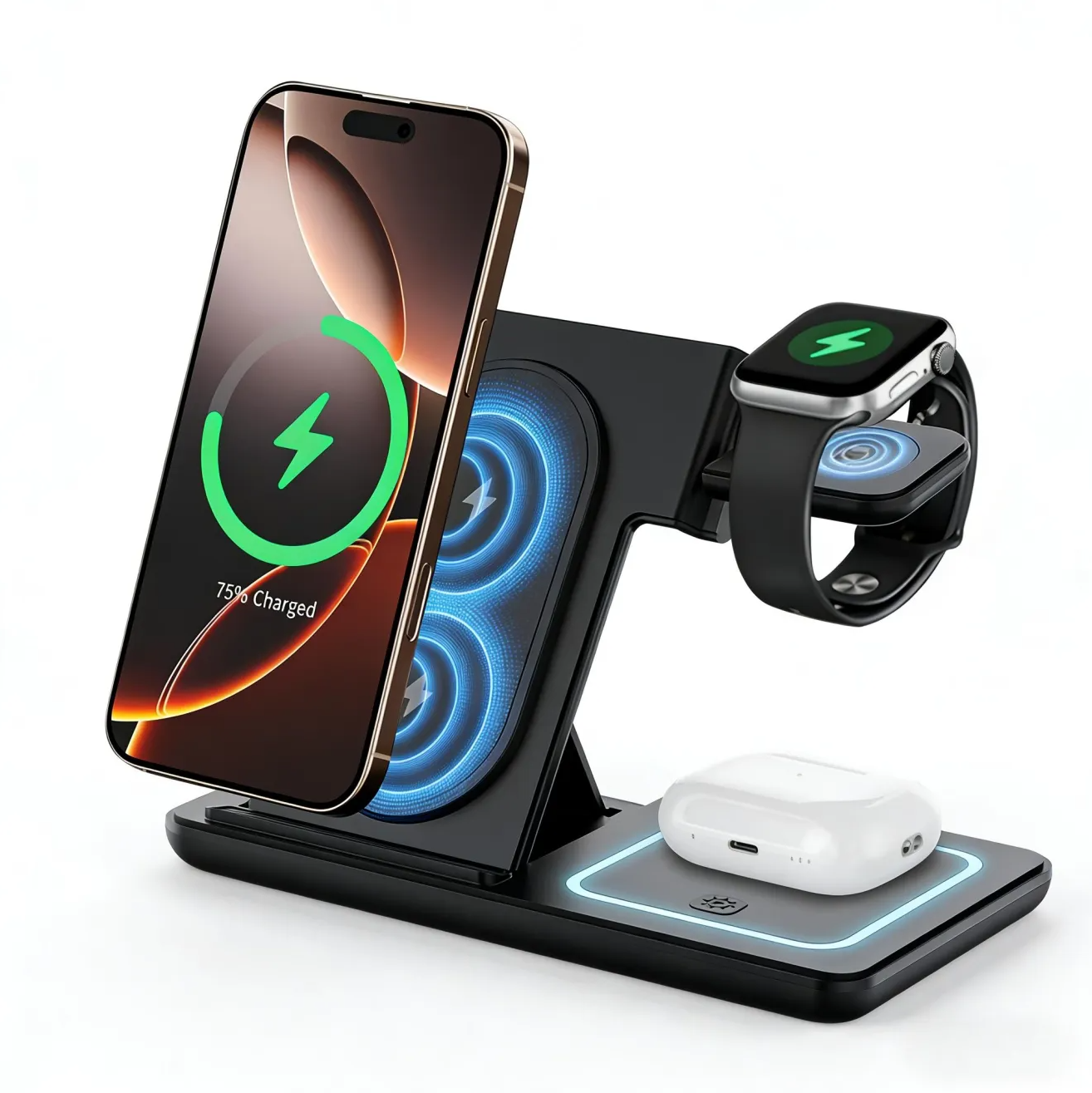 Foldable Design Wireless Charging Station Charger for Smartphone Iphone 11-17 & Iwatch/Airpods, Multi-Functional Three-In-One Fast Charge, 15W Simultaneous Charging
