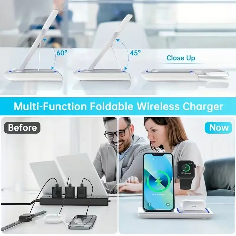 Foldable Design Wireless Charging Station Charger for Smartphone Iphone 11-17 & Iwatch/Airpods, Multi-Functional Three-In-One Fast Charge, 15W Simultaneous Charging